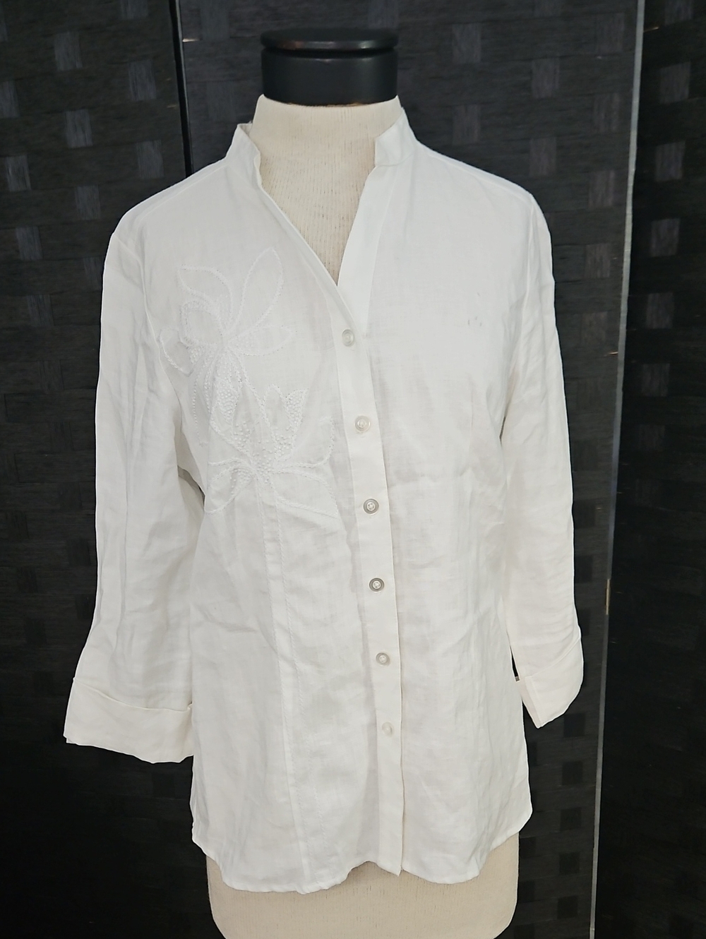 Ecologie White 109% Linen 3/4 Sleeve Mandarin Collar Shirt Size Medium